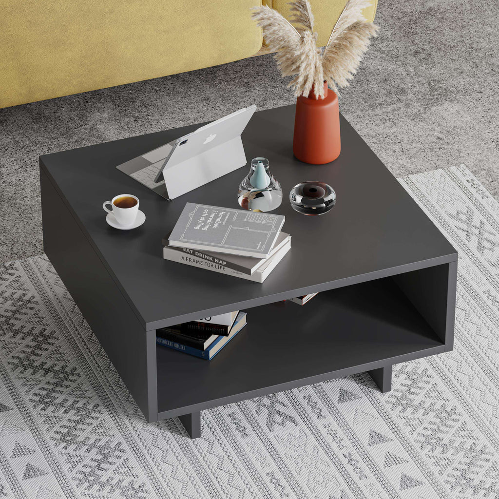 Anthracite modern coffee table with open lower shelf and rectangular top