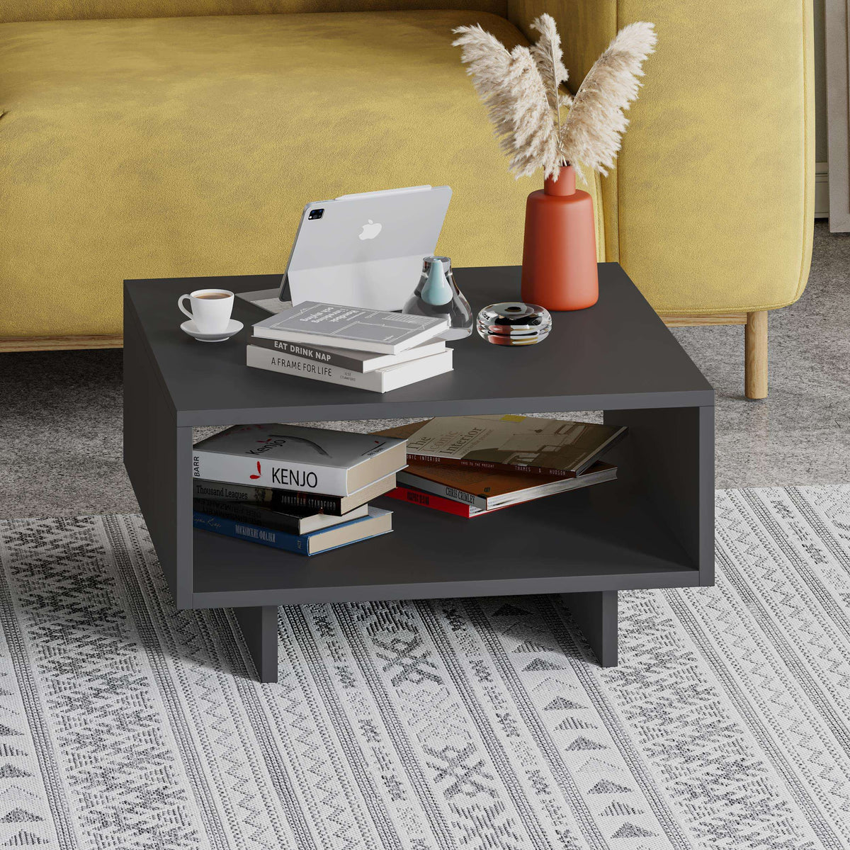 Anthracite modern coffee table with open storage shelf and sturdy frame