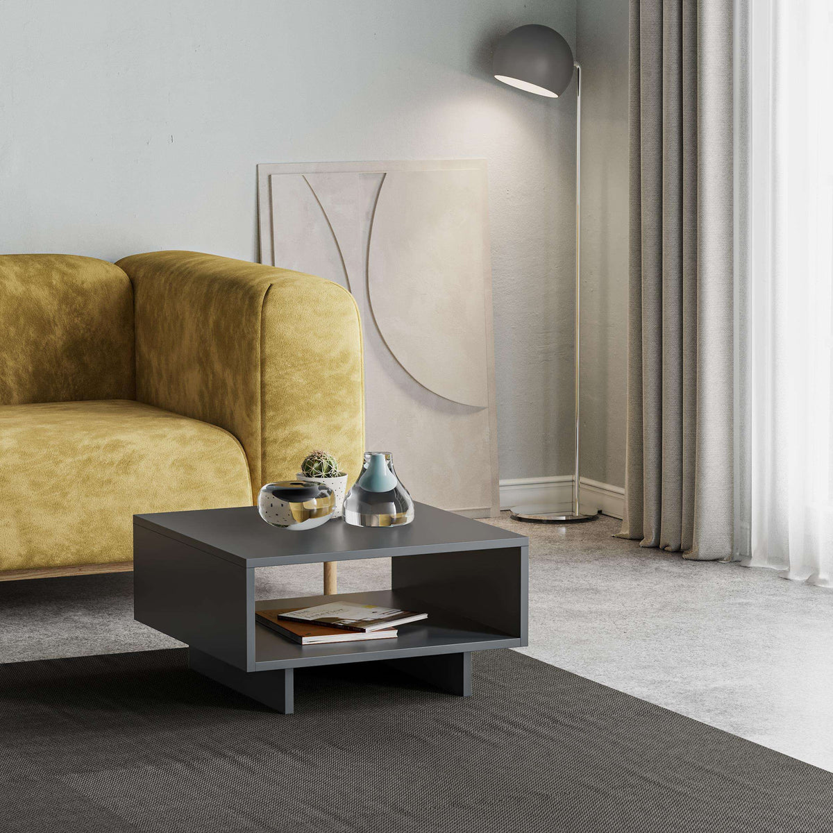 Anthracite rectangular coffee table with side storage shelf and smooth tabletop