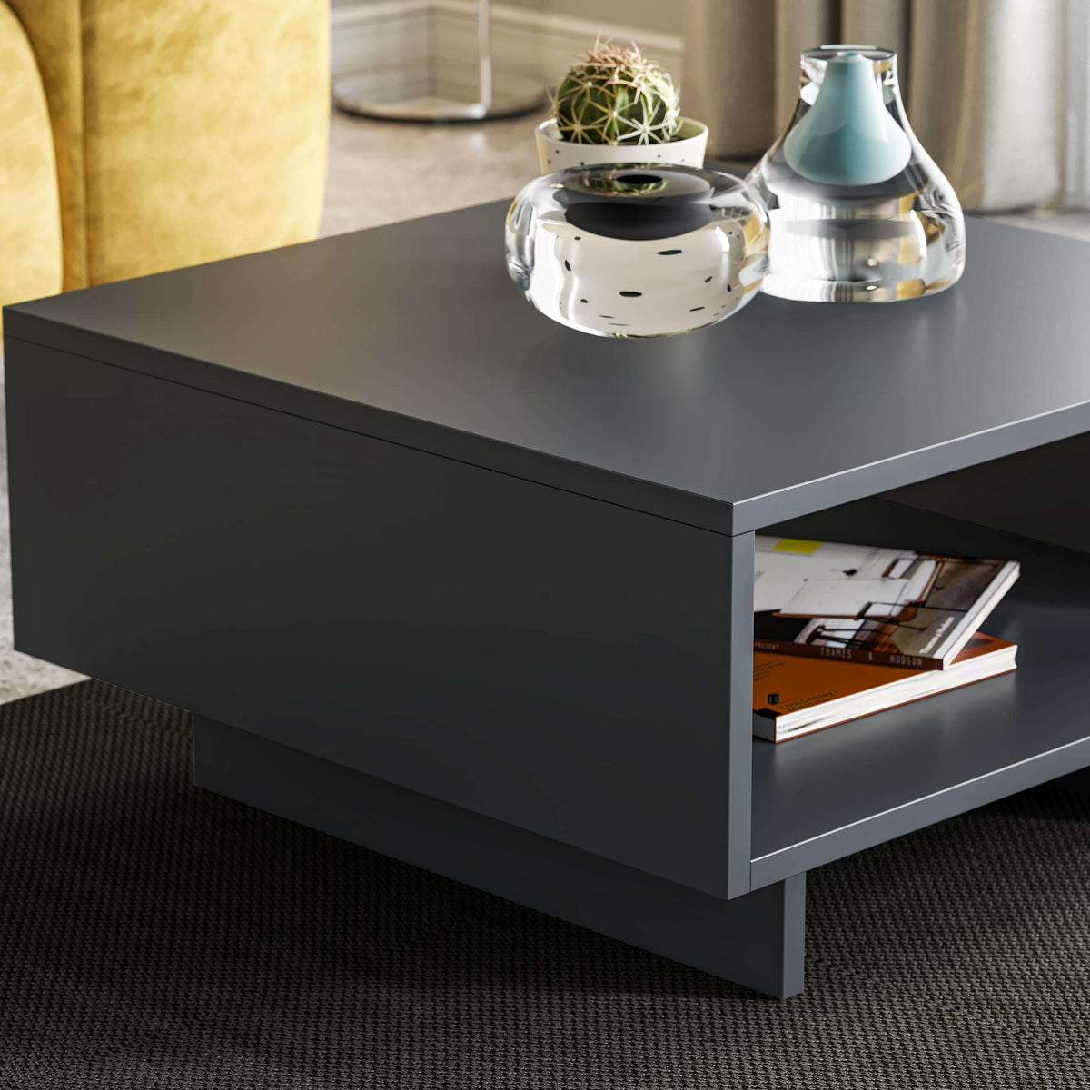 Anthracite coffee table with open lower shelf and large squared tabletop