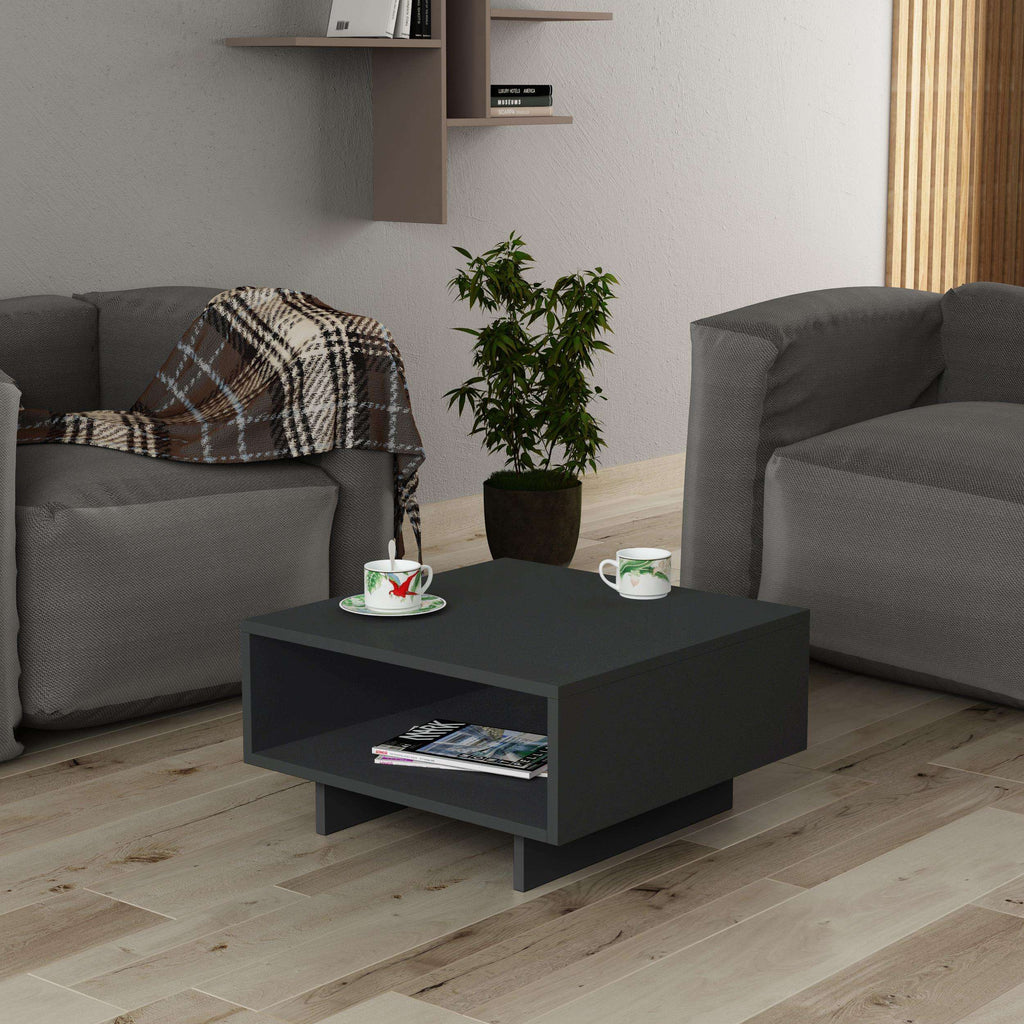 Anthracite modern coffee table with open shelves and wide rectangular shape