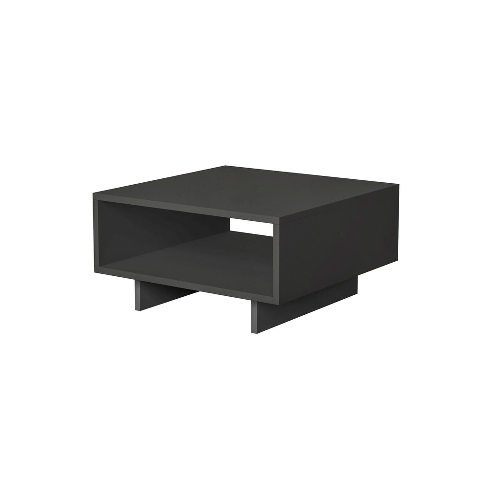 Anthracite modern coffee table with open side shelf and low angled legs