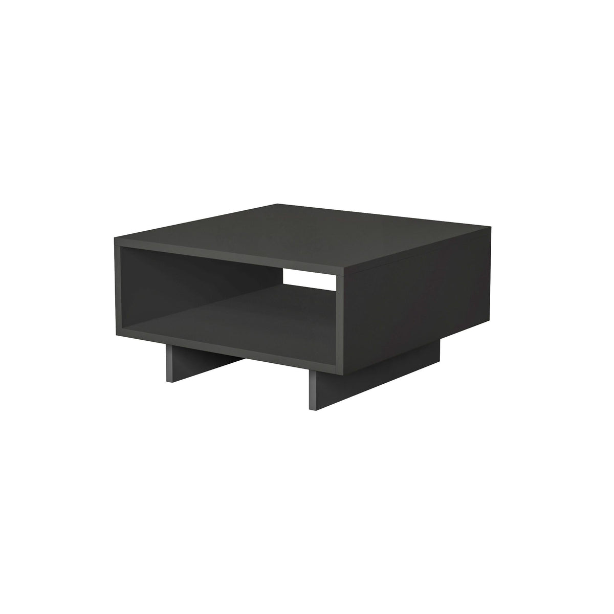 Anthracite modern coffee table with open side shelf and low angled legs