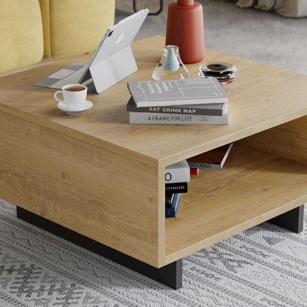 Oak coffee table with lower open shelf and simple rectangular frame