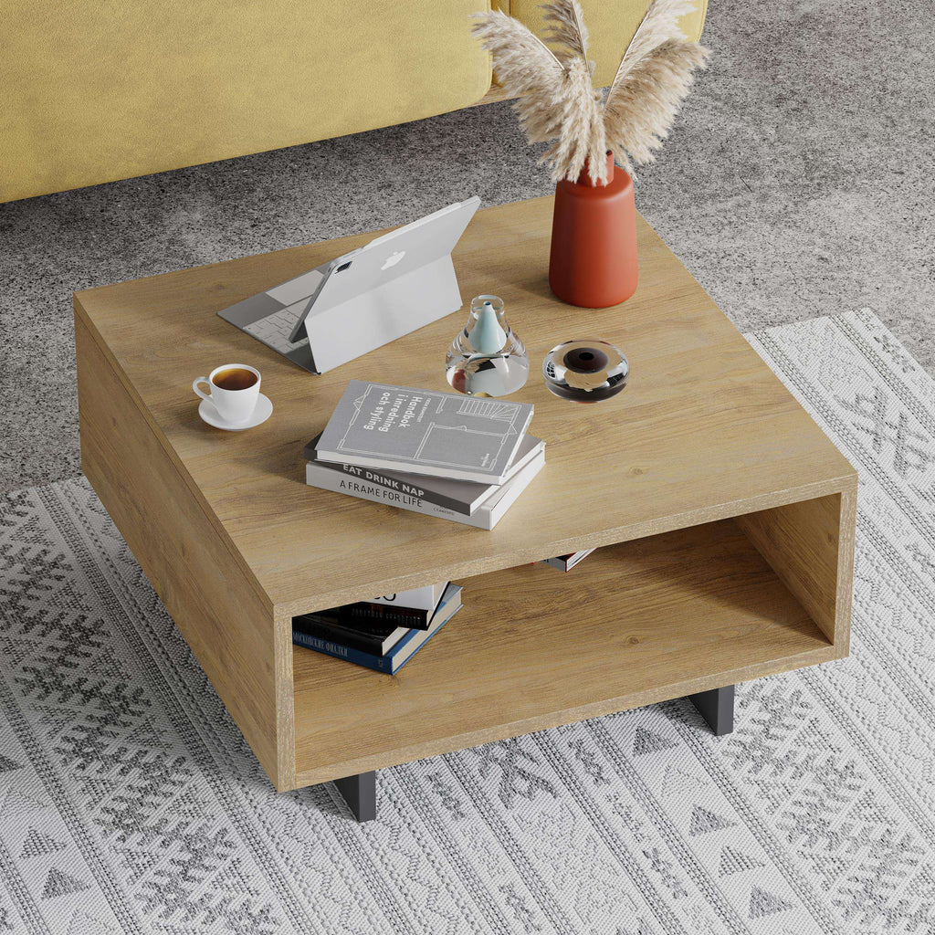 Oak coffee table with open lower shelf and wide tabletop with rounded corners