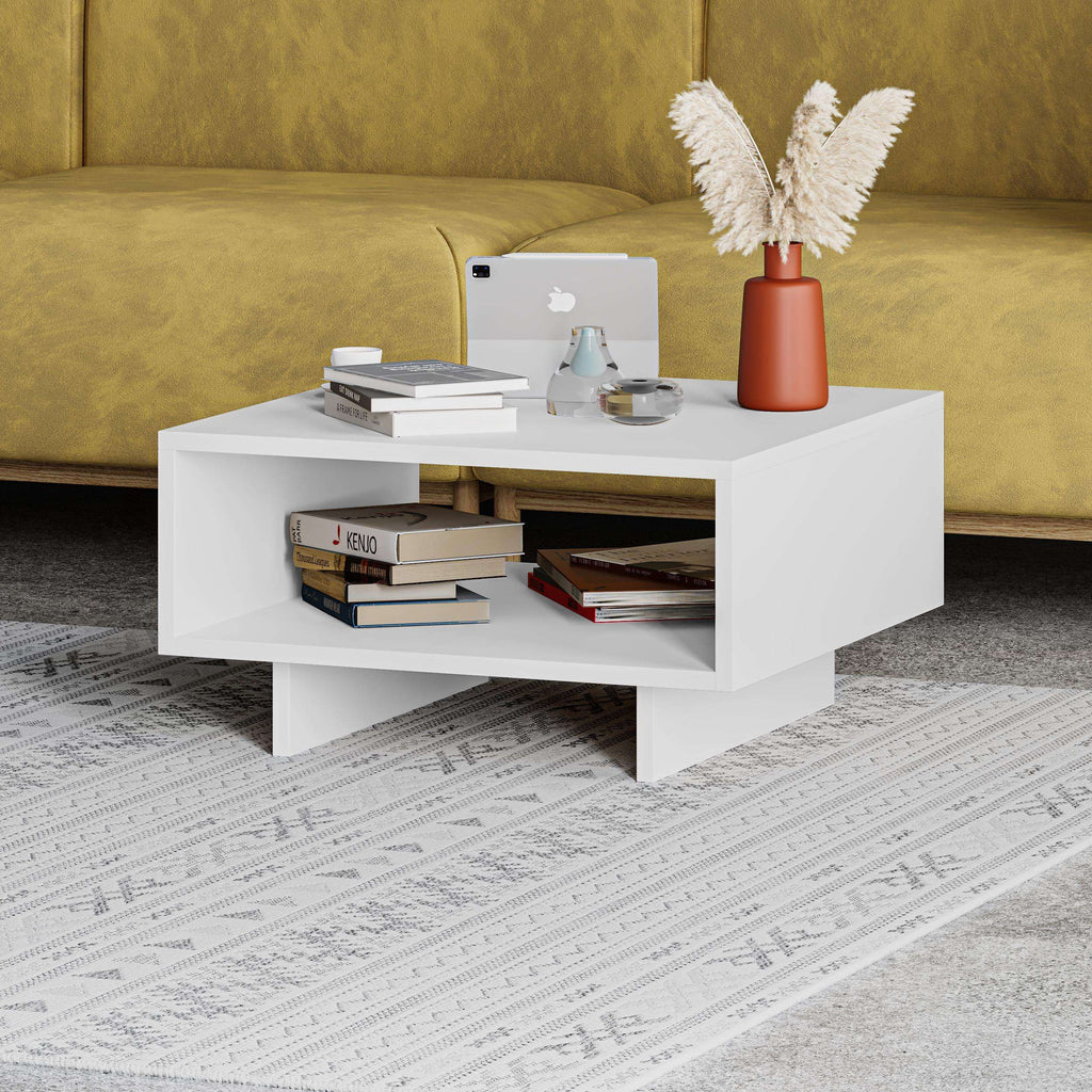 White modern coffee table with open shelving and square tabletop