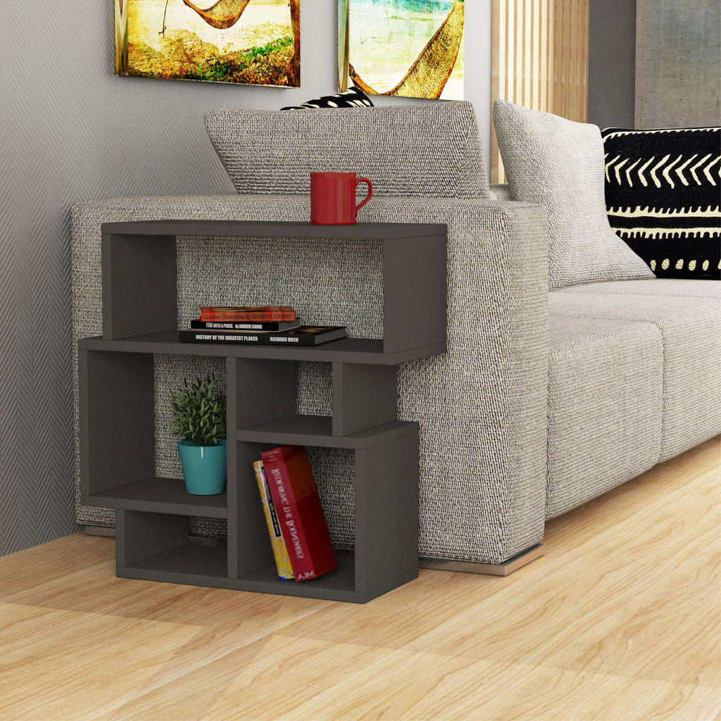 Anthracite multipurpose side end table with open shelves and top storage