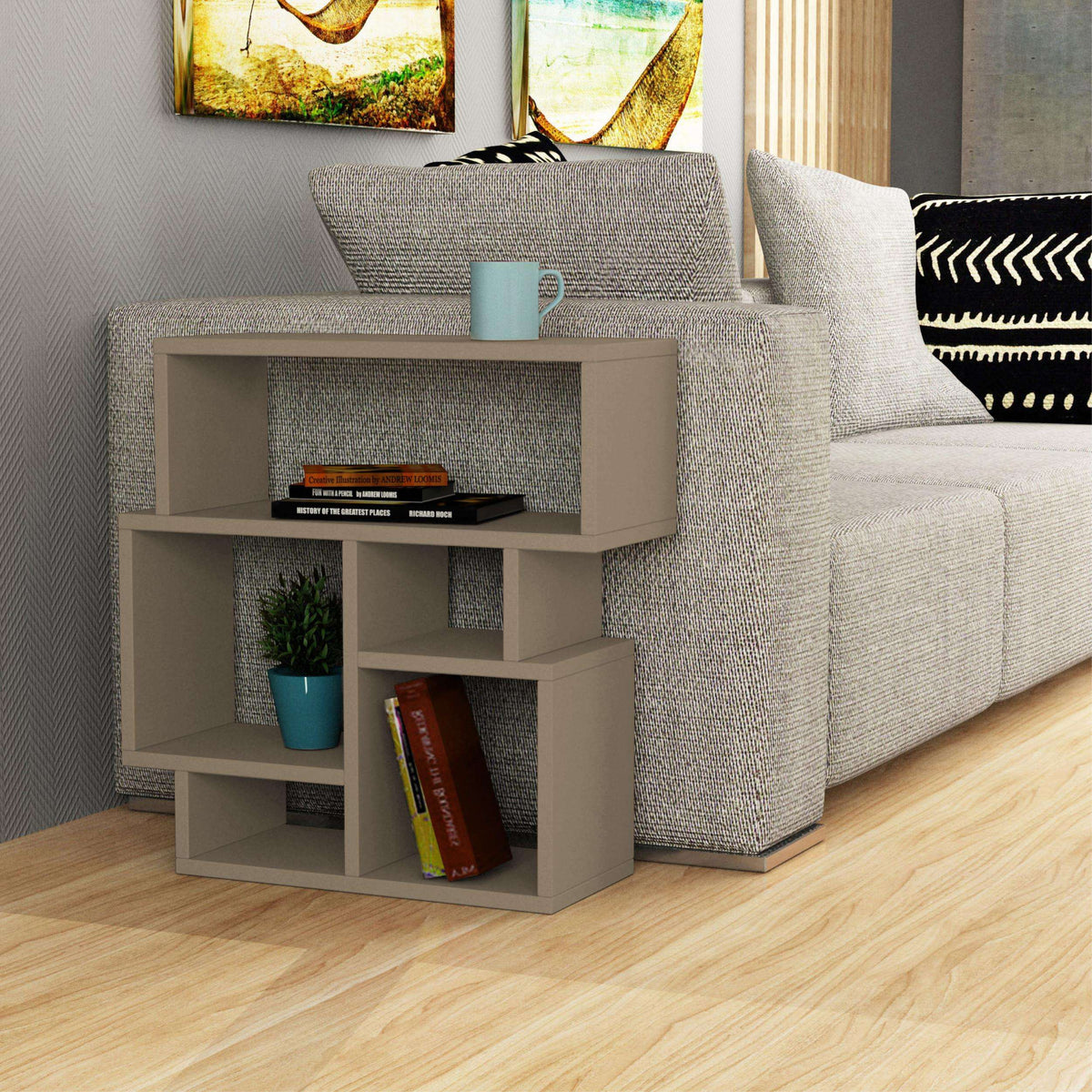 Multipurpose side end table with open cubby shelves and top, Light Mocha tone.