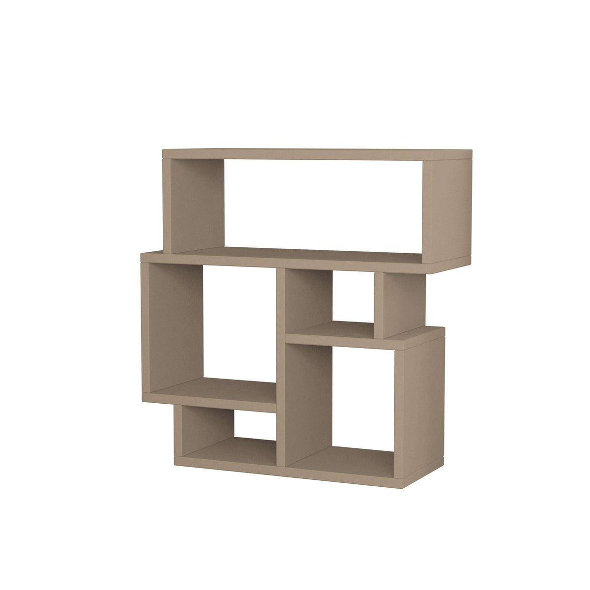 Modern side end table with geometric open shelving and flat tabletop, taupe gray.