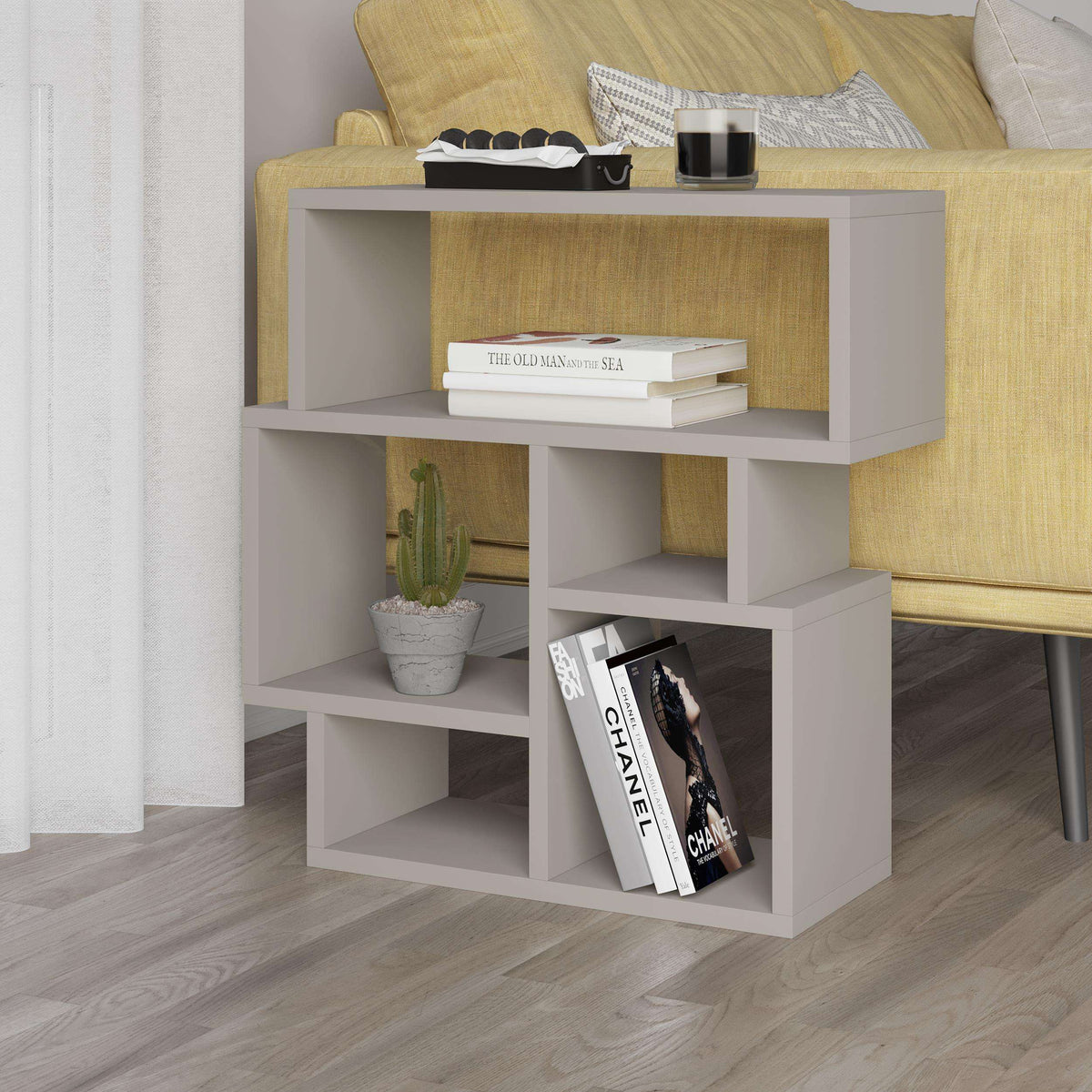 White multipurpose side end table with open shelves and cubby storage