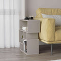 White side end table with top surface and three open shelves for storage
