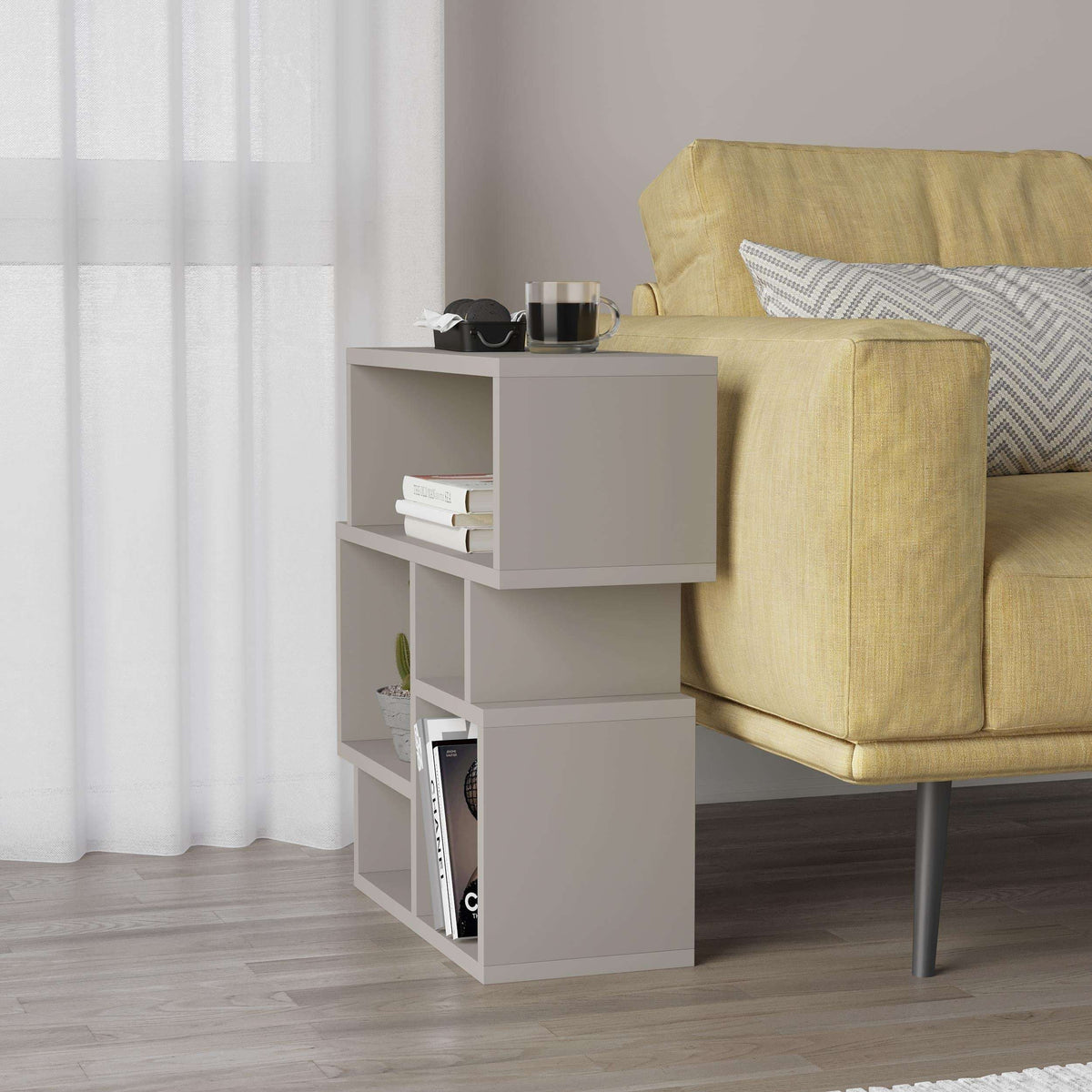 White side end table with top surface and three open shelves for storage