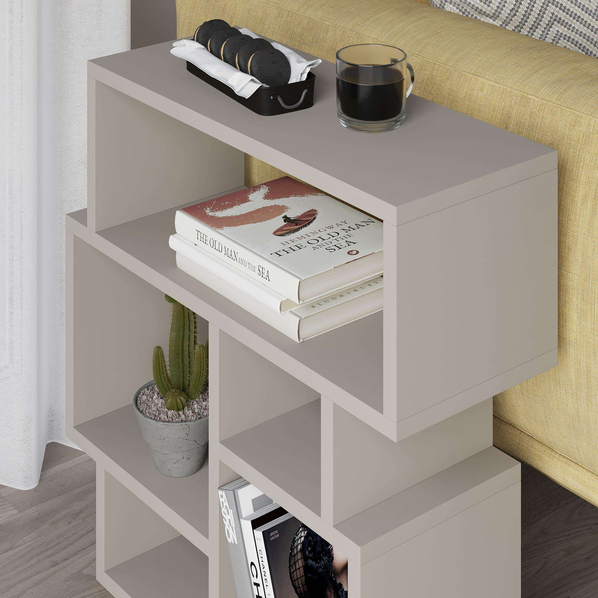 Modern side end table with top surface and open storage shelves, Sandstone tone.