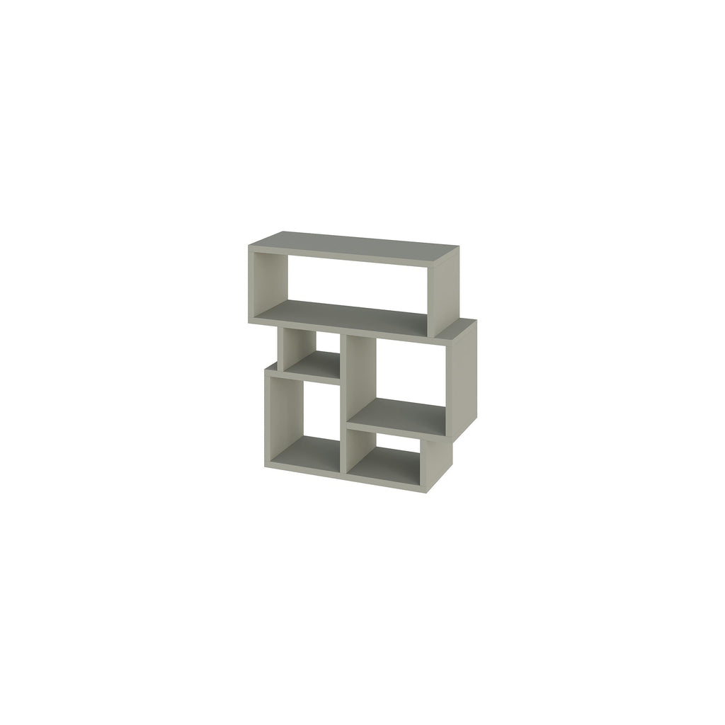 Modern side end table with open cubby shelves and flat top, light gray.