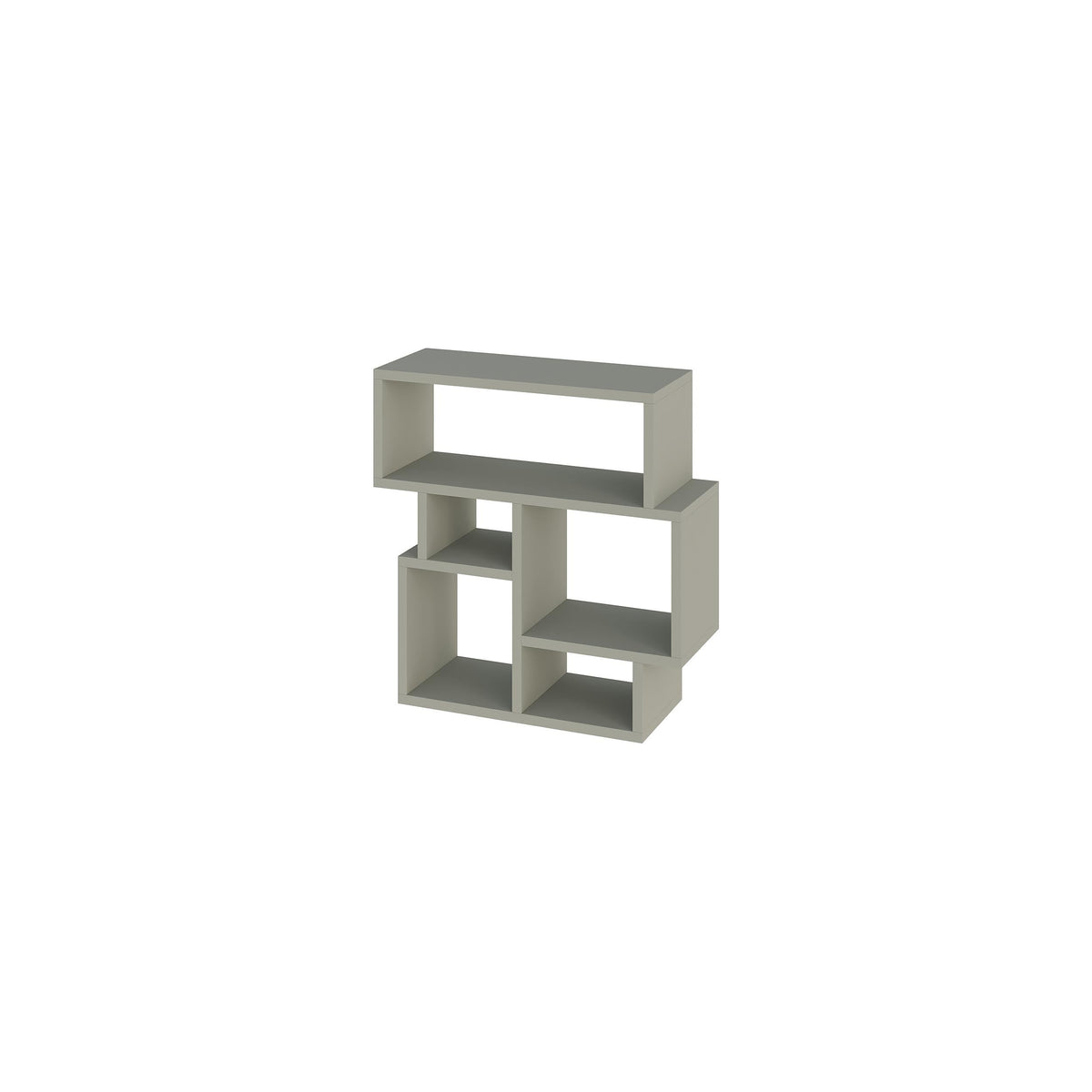 Modern side end table with open cubby shelves and flat top, light gray.