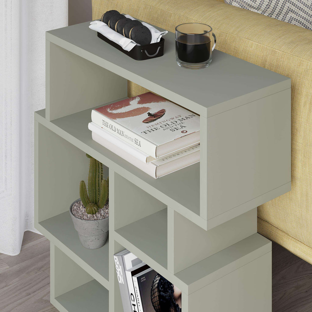 Modern side end table with open shelves and top surface, Ash Green tone.