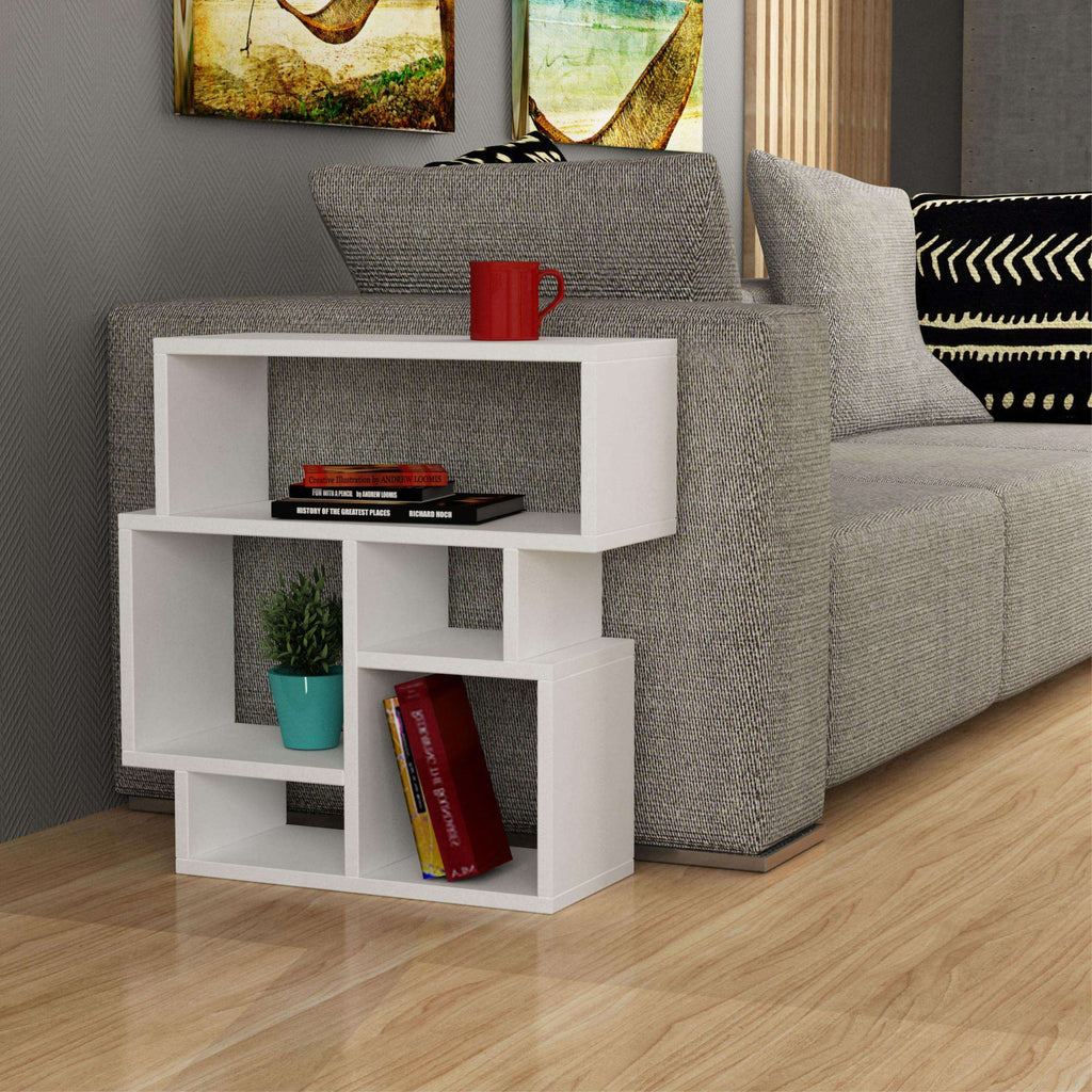 Anthracite side end table with open cubby shelves for books and decor