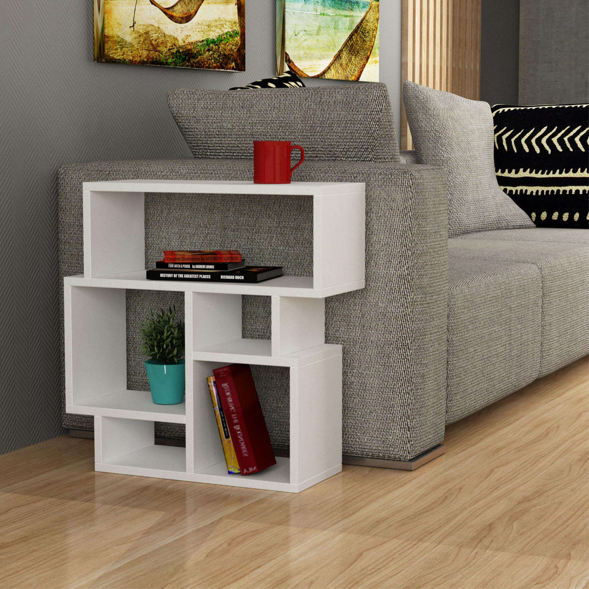 Anthracite side end table with open cubby shelves for books and decor