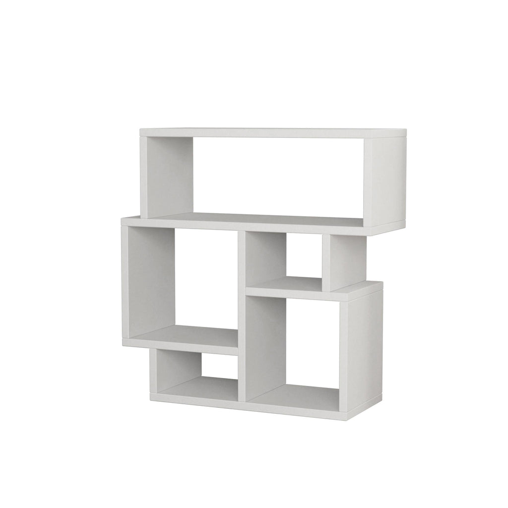 White side end table with open cubby shelves and centered open frame