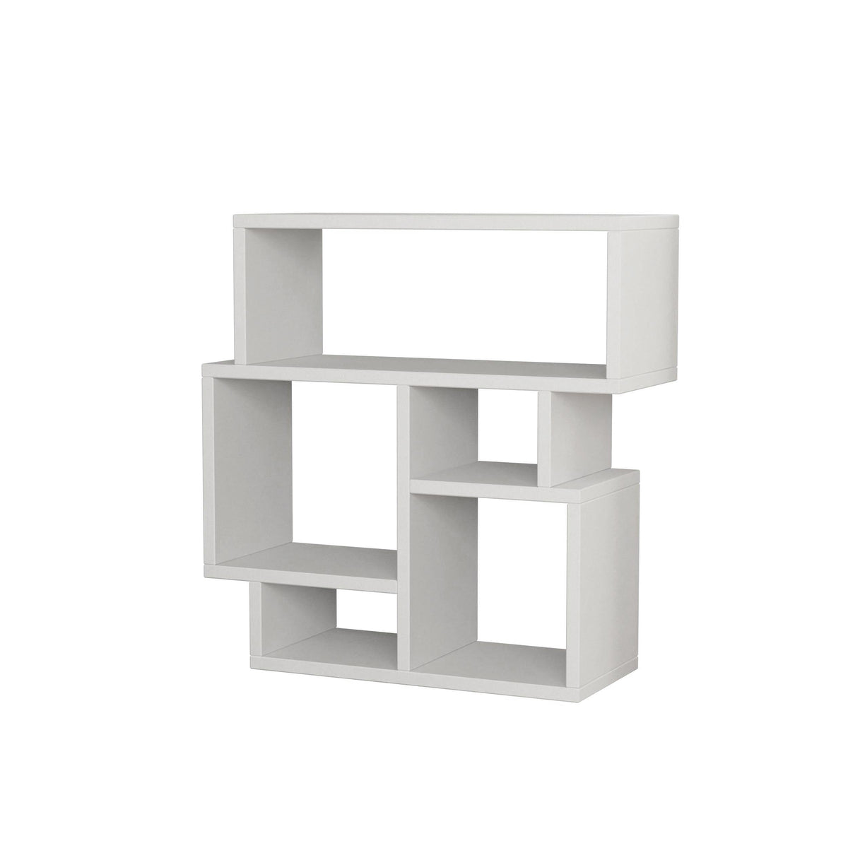 White side end table with open cubby shelves and centered open frame