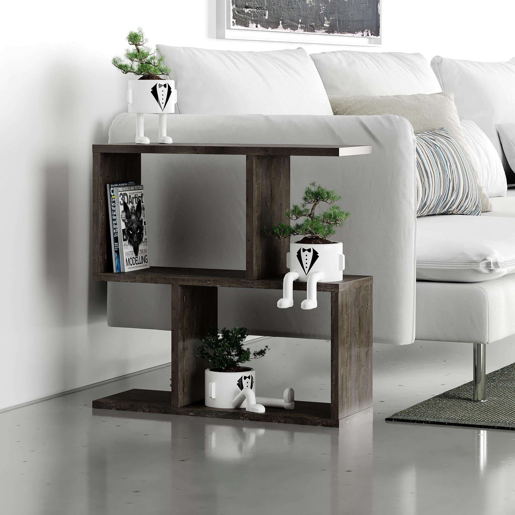 Modern side table with 4 open shelves, grey frame with darker wood cubby panels.