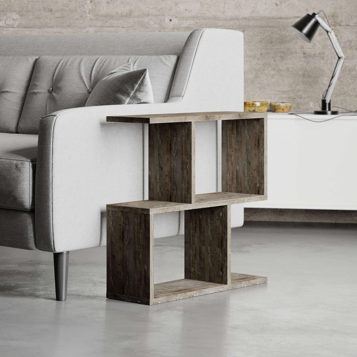 Modern side table with 4 open shelves, white frame with rustic brown wood inserts.