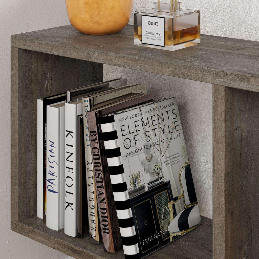Modern side table with 4 open shelves, rustic grey-brown top with open magazine compartments.