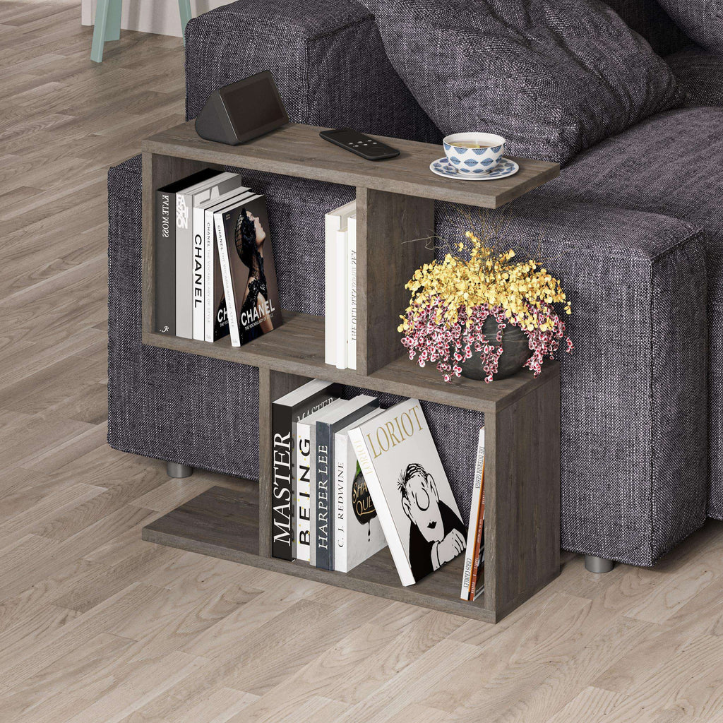 Modern side table with 4 open shelves, dark grey frame with open cubbies and tabletop.