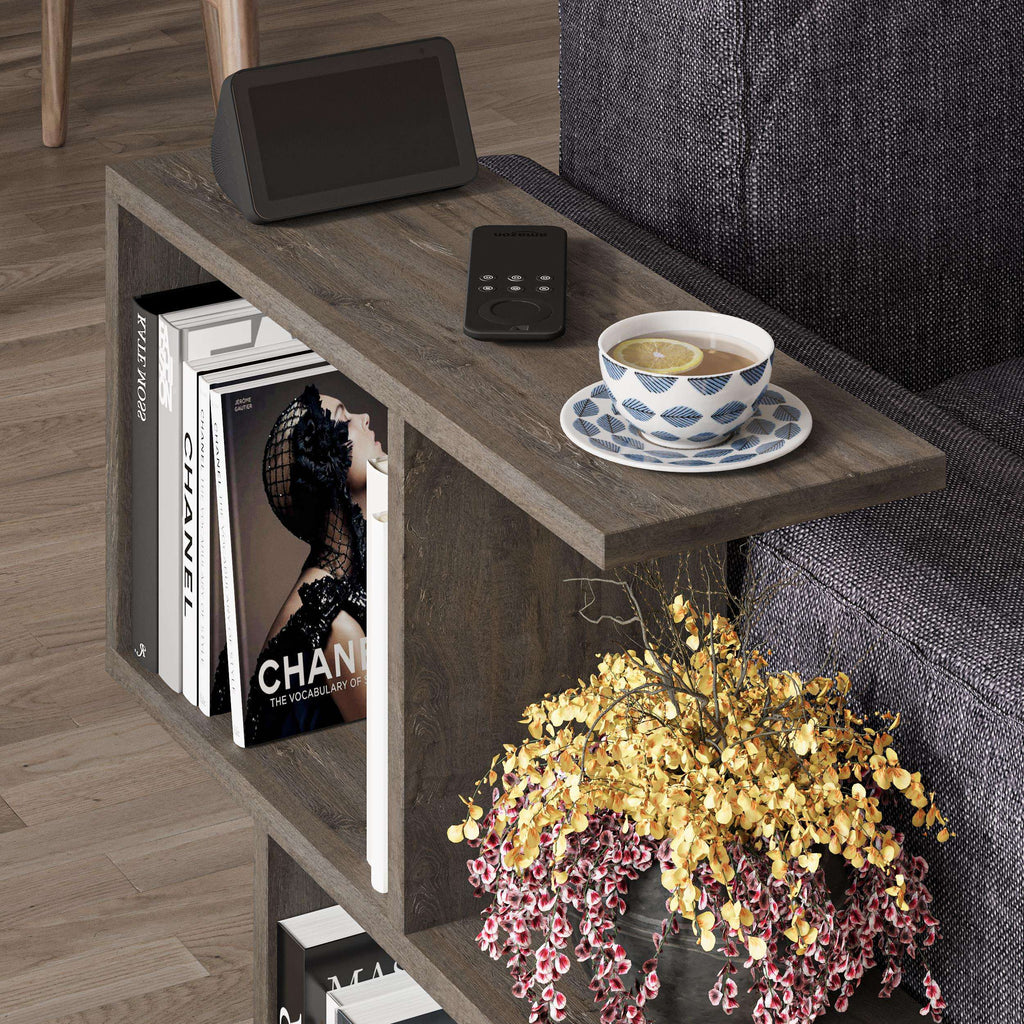 Modern side table with 4 open shelves, dark gray with book display and decor