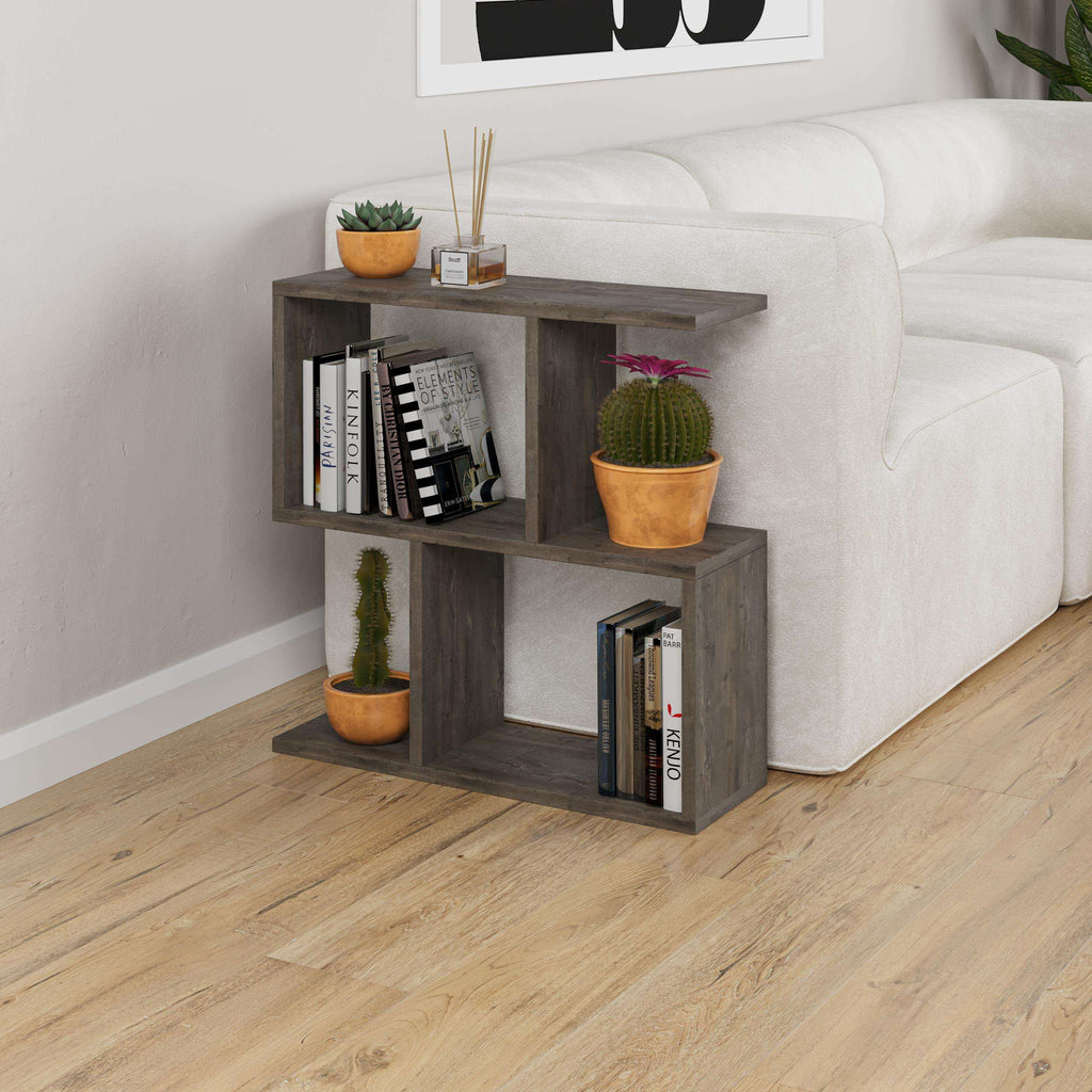 Modern side table with 4 open shelves, dark wood finish with books and cactus pot