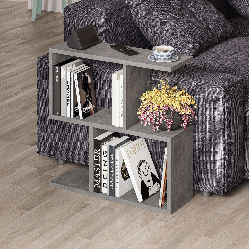 Modern side table with 4 open shelves, dark gray with vase decor and books