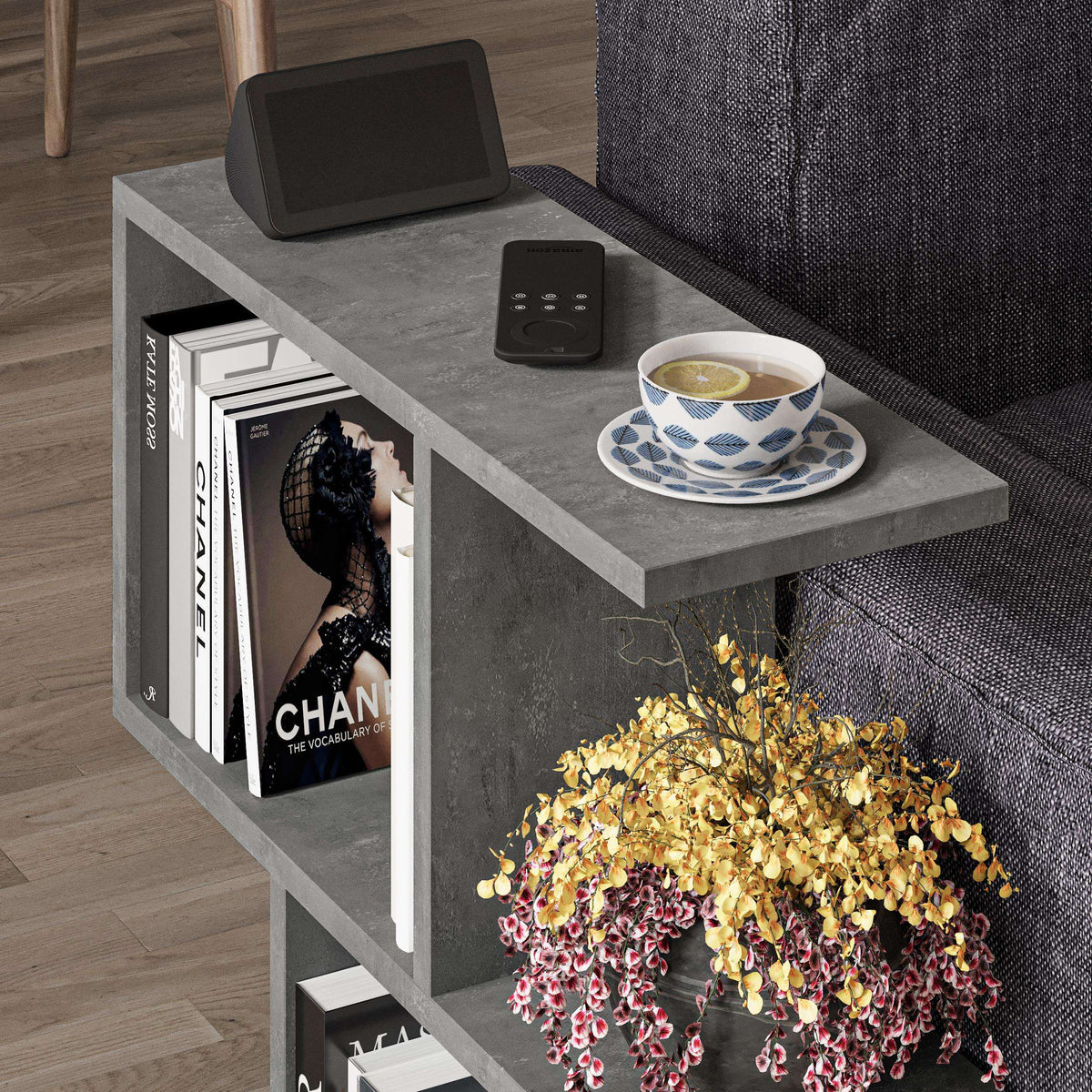 Modern side table with 4 open shelves, light wood top and gray open shelves