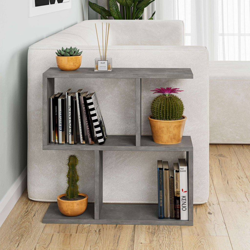 Modern side table with 4 open shelves, gray finish with books and potted cactus