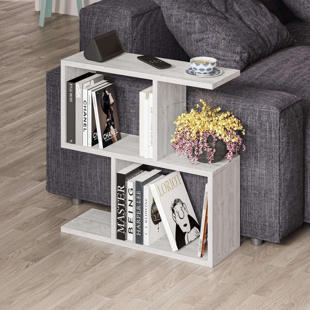 Side table with four open shelves in light wood, with open book compartments and top tray