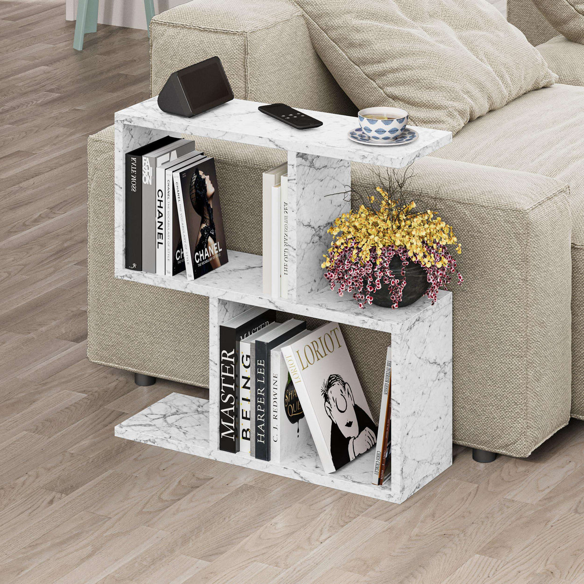 White marble-look modern side table with four open shelves and flat top