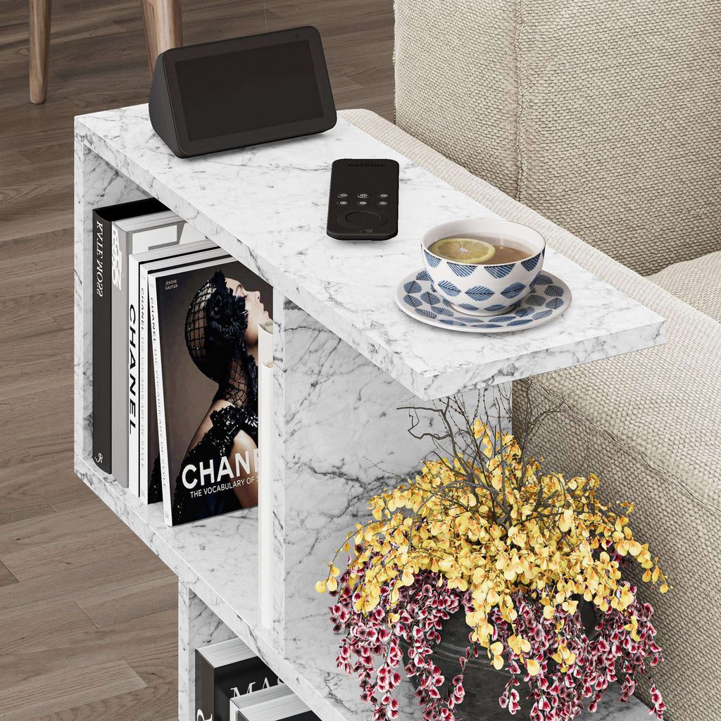 White marble-look modern side table with four open shelves and flat top