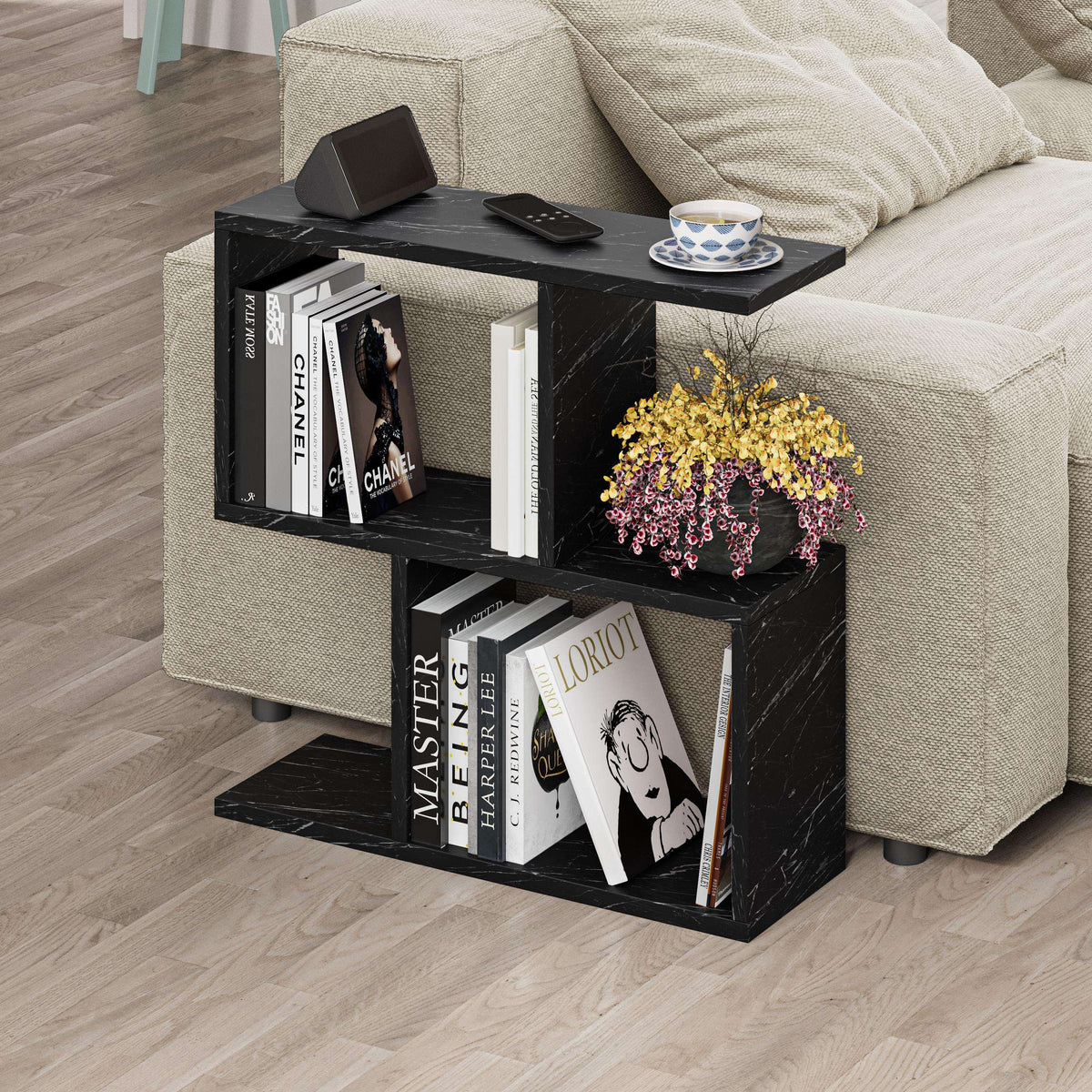 Modern side table with 4 open shelves, black frame and marble-look top