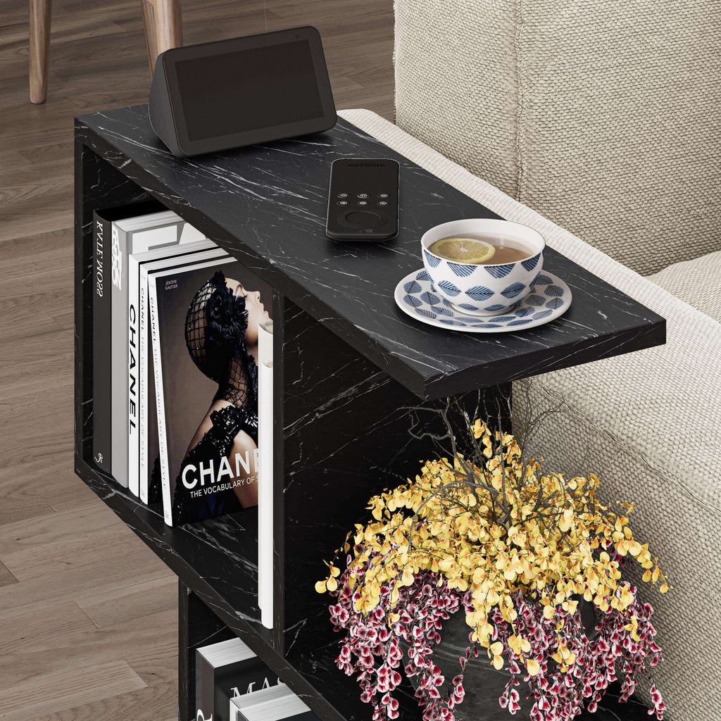 Modern side table with 4 open shelves, black marble-look top