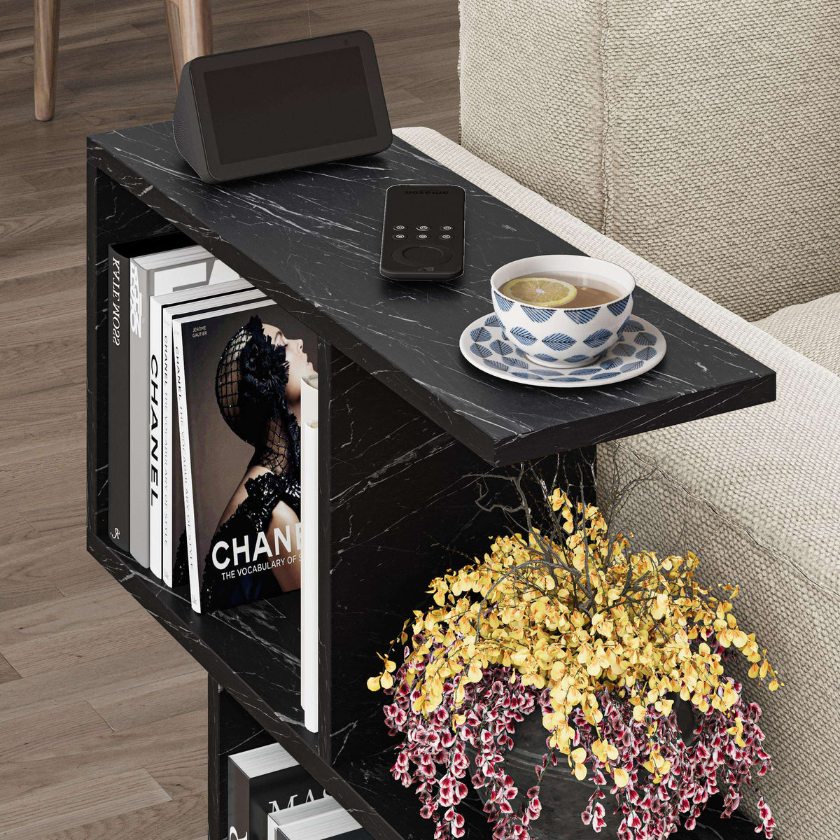 Modern side table with 4 open shelves, black marble-look top