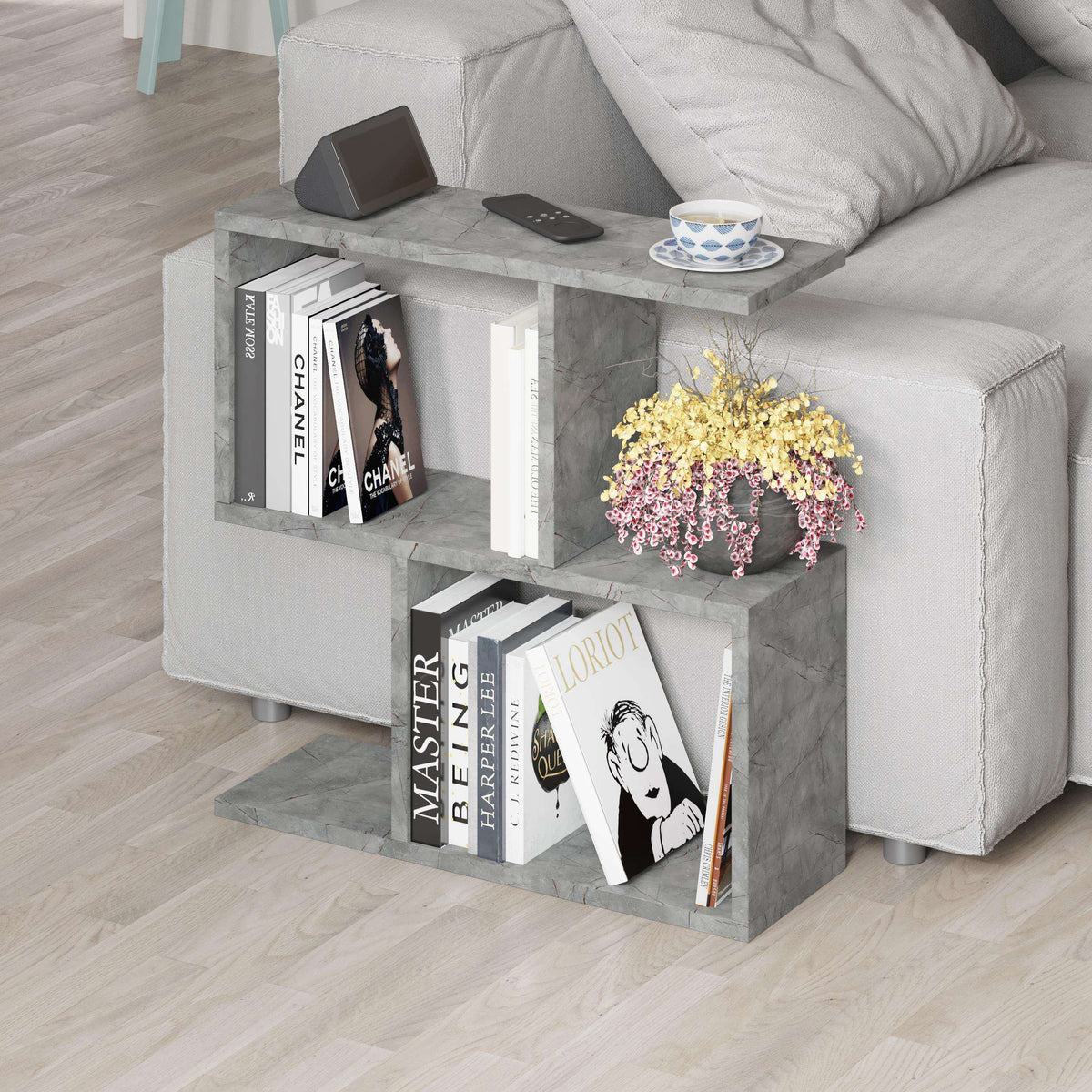 Side table with four open shelves in gray and light wood, with cup on tabletop