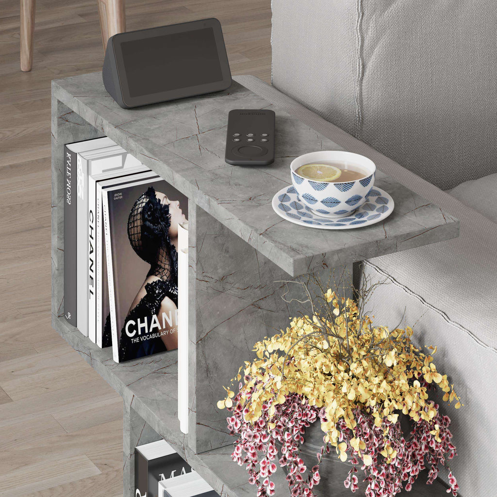 Side table with four open shelves in gray finish, featuring stone-look top and open storage