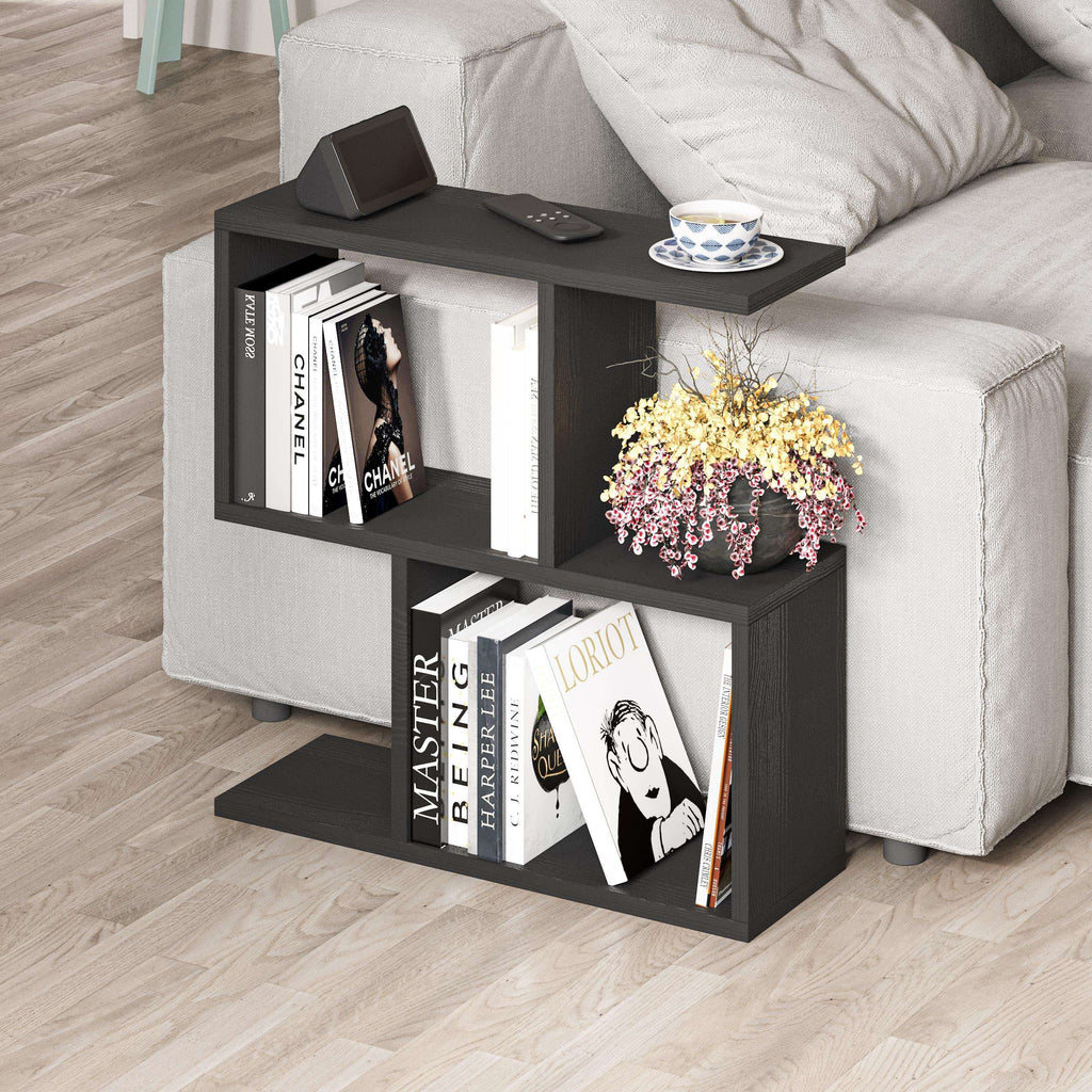 Modern side table with four open shelves, dark finish, books and small decor on top