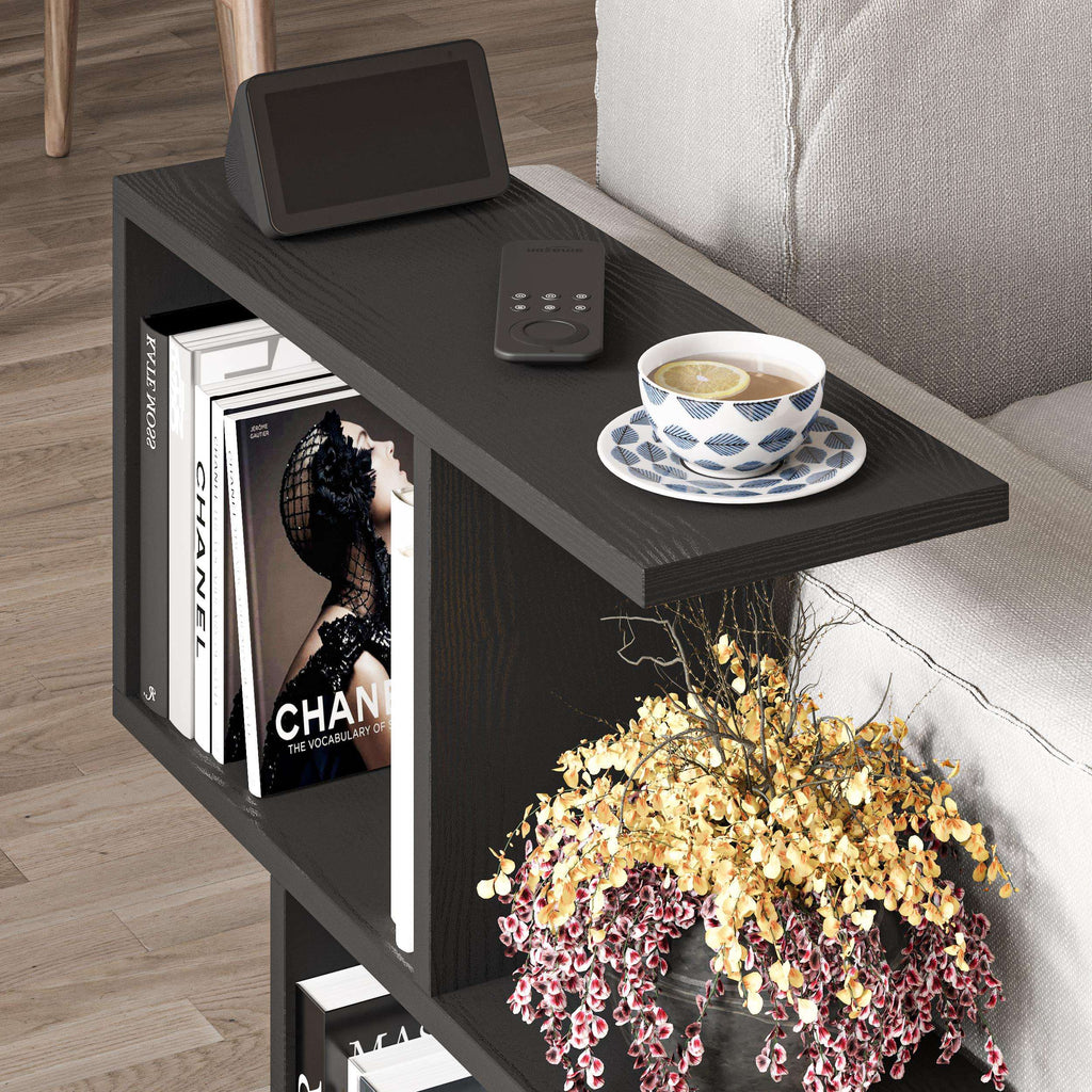 Modern side table with 4 open shelves, dark wood-look and marble-look top