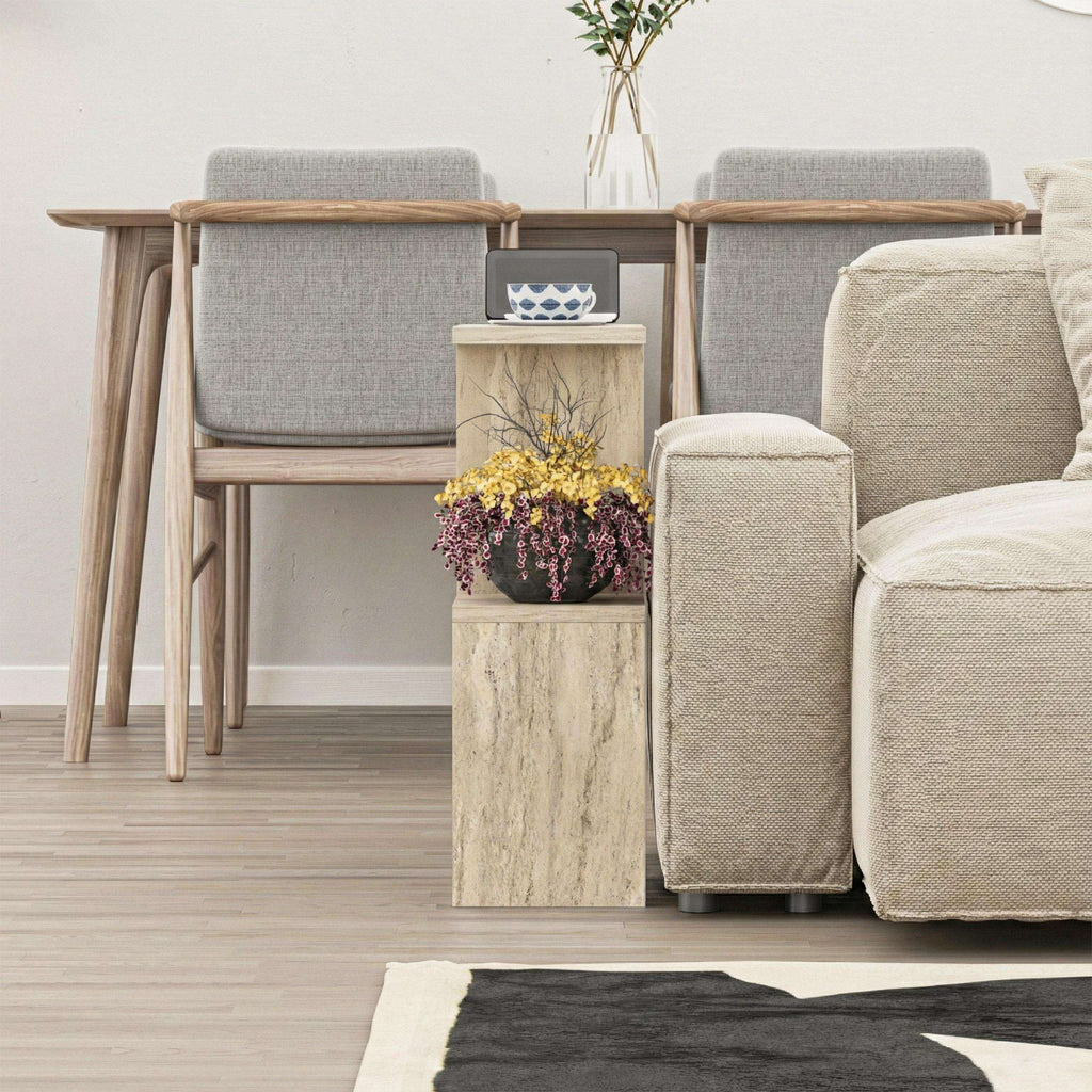 Light wood modern side table with four open shelves and a rectangular top