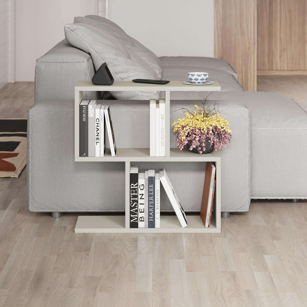 Light gray modern side table with four open shelves and rectangular top