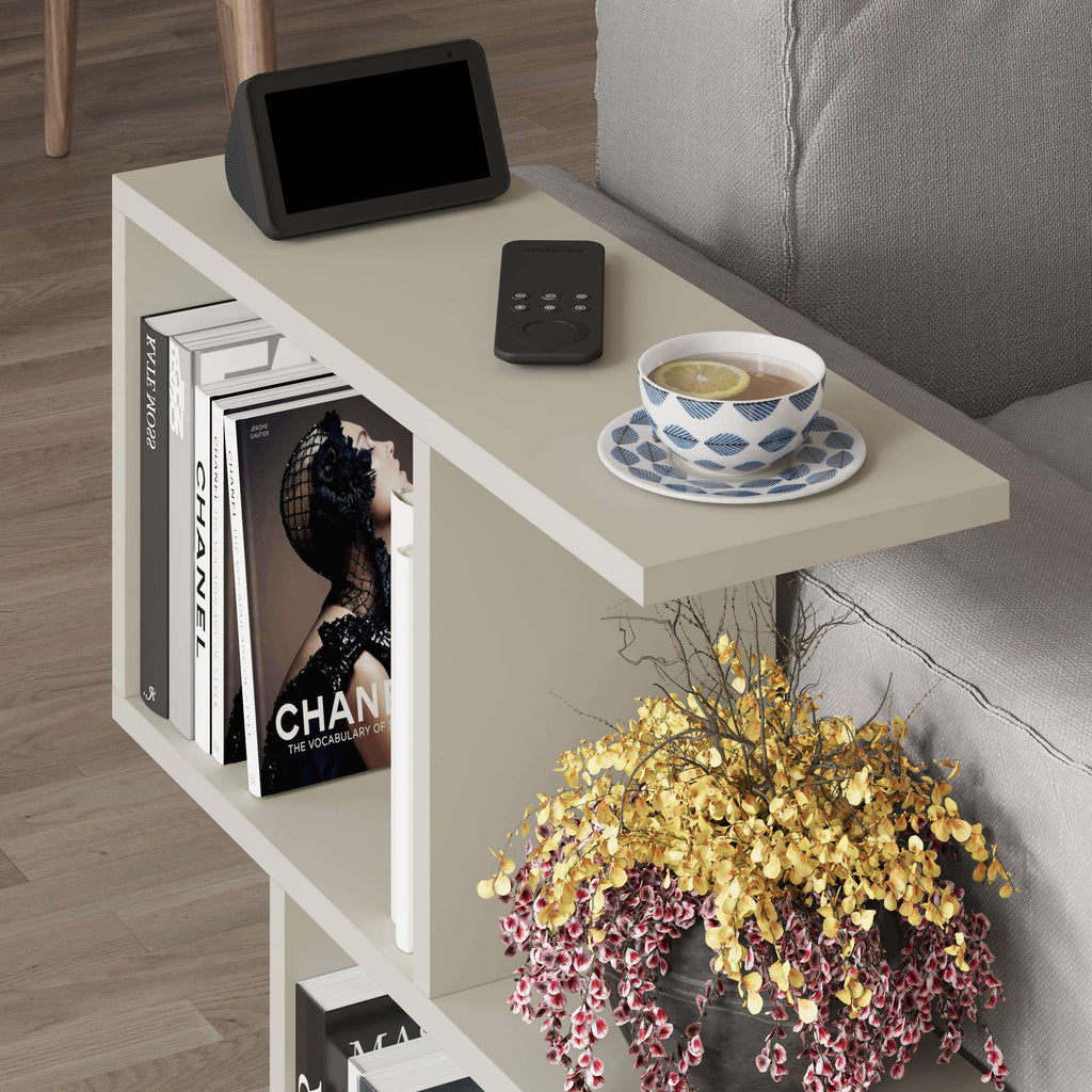 White marble-look modern side table with four open shelves and flat top