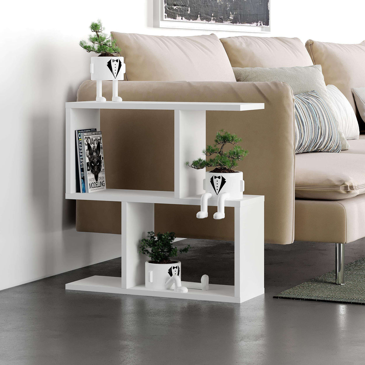 Modern side table with four open shelves in white, dog figurines and plants on shelves
