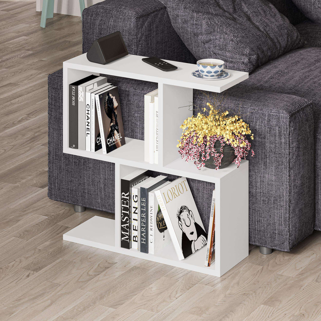 Modern side table with white 4-shelf design, books and decor displayed