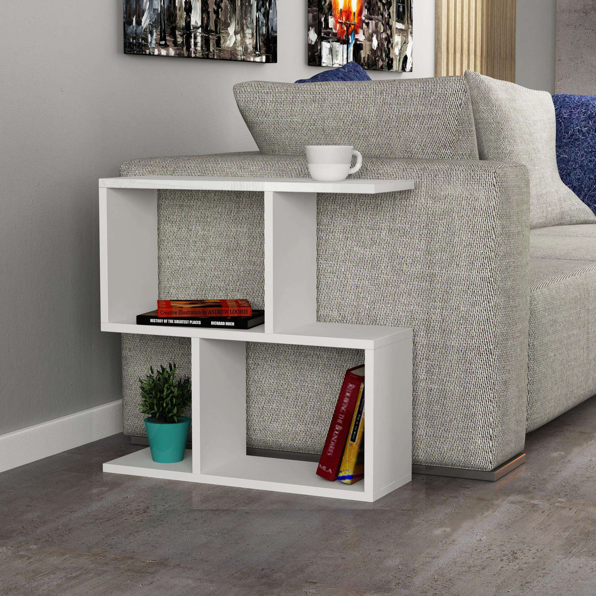 Modern side table with white frame and 4 open shelves, books and planter inside