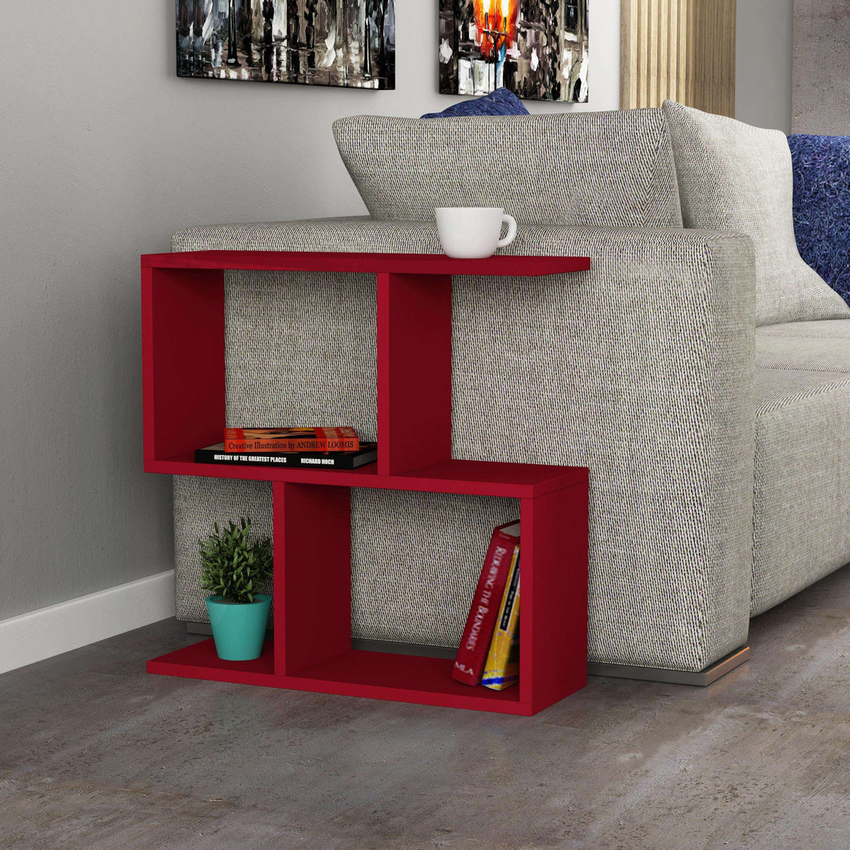 Modern side table with 4 open shelves, red frame, open storage beside sofa